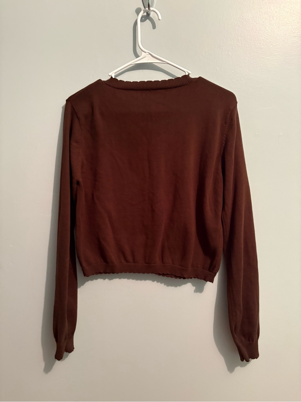 Chocolate Brown Cropped Button-Front Cardigan Scalloped Hem Women’s Size Small - Picture 6 of 8